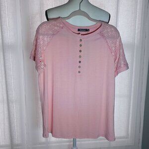 MINETOM NWT Long Sleeve Button Henley Pink/Peach Tee w/Lace Sleeves L